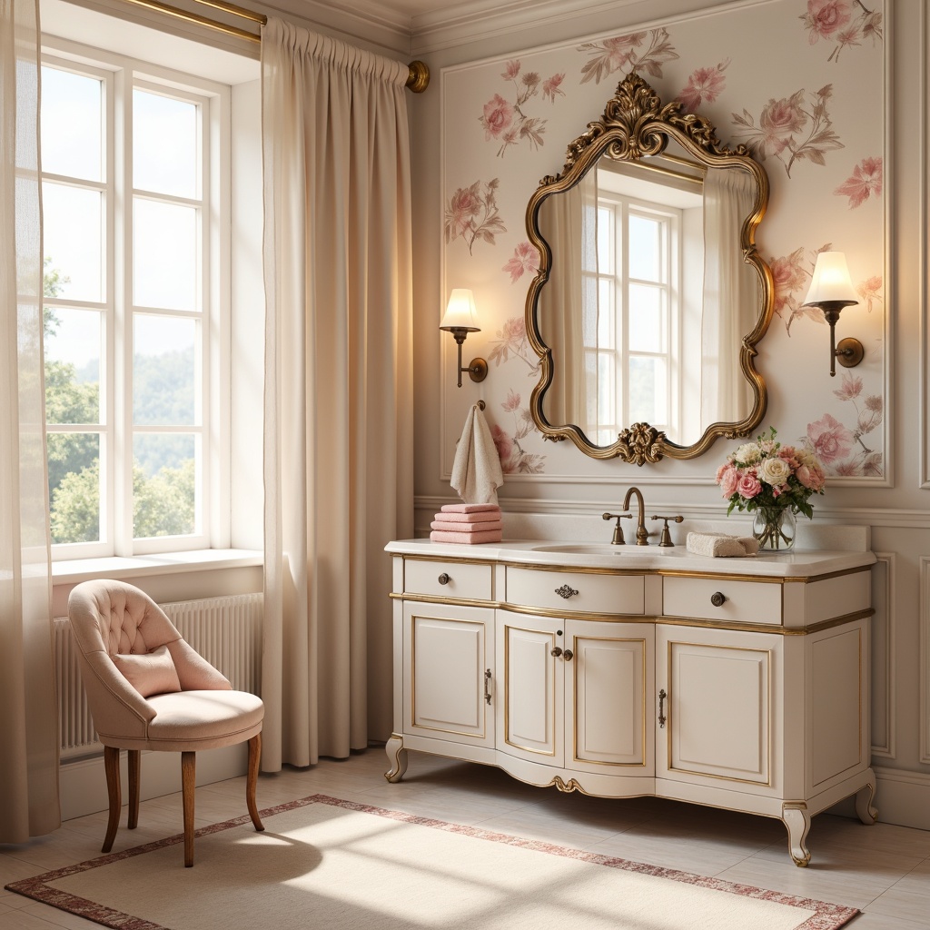 Prompt: Soft feminine powder room, delicate floral patterns, creamy whites, pale pinks, gentle peaches, warm beige tones, luxurious velvety textures, ornate gold accents, subtle sparkle, refined elegance, intimate ambiance, relaxing atmosphere, natural light filtering through sheer curtains, 1/2 composition, warm soft focus, realistic reflections, ambient occlusion.