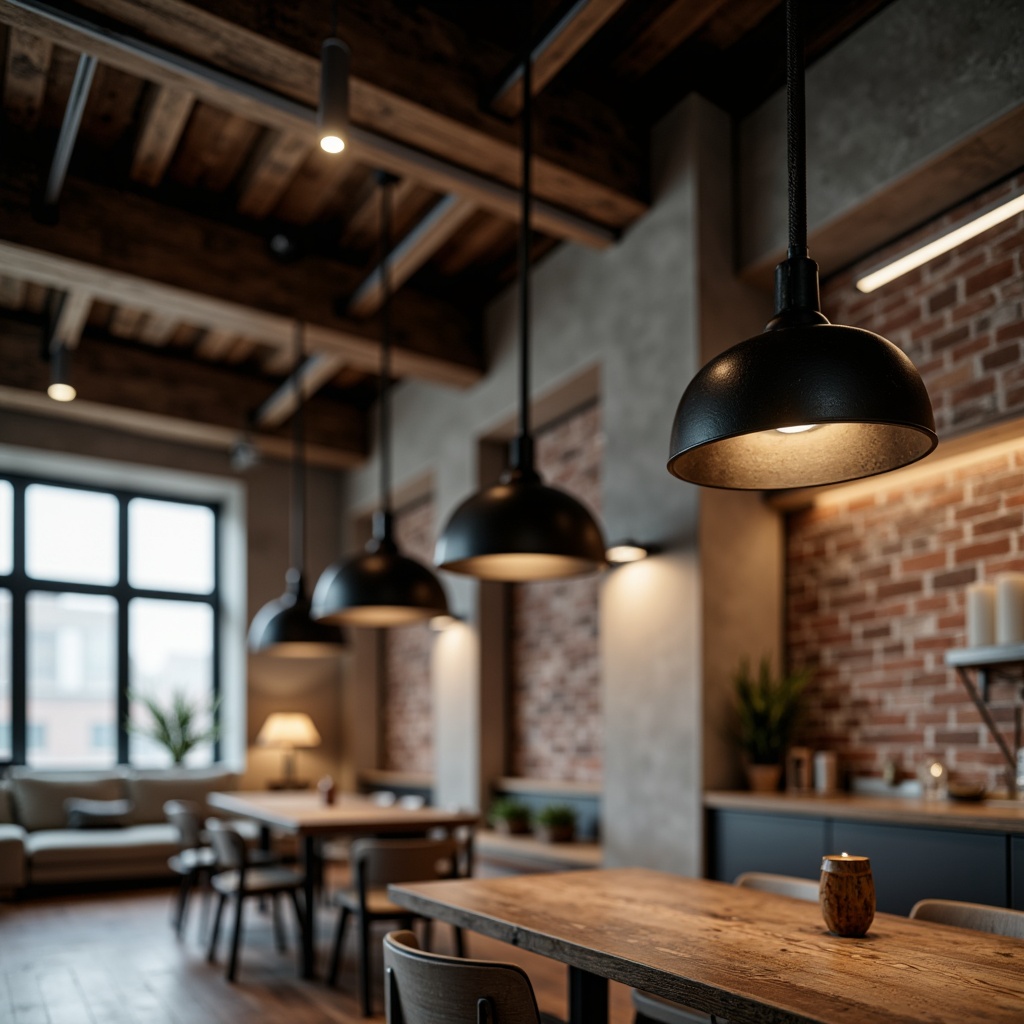 Prompt: Modern pendant lamps, sleek metal shades, minimalist ceiling fixtures, warm ambient lighting, LED strips, concealed light sources, matte black finishes, polished chrome accents, geometric shapes, industrial-chic aesthetic, urban loft atmosphere, exposed brick walls, concrete floors, reclaimed wood furniture, monochromatic color schemes, natural textiles, oversized windows, soft diffused illumination, 1/2 composition, shallow depth of field, realistic reflections.