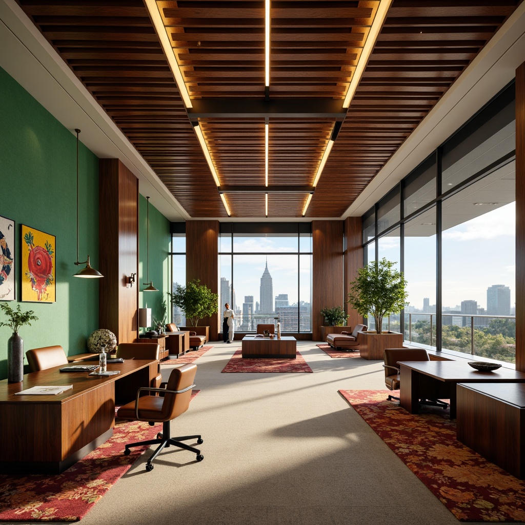 Prompt: Elegant corporate office, luxurious wood accents, sleek metallic tones, lavish green walls, plush area rugs, sophisticated lighting fixtures, modern minimalist desks, ergonomic chairs, floor-to-ceiling windows, panoramic city views, warm natural textures, rich leather upholstery, geometric patterned flooring, artistic sculptures, vibrant abstract artwork, 1/2 composition, shallow depth of field, softbox lighting, ambient occlusion.