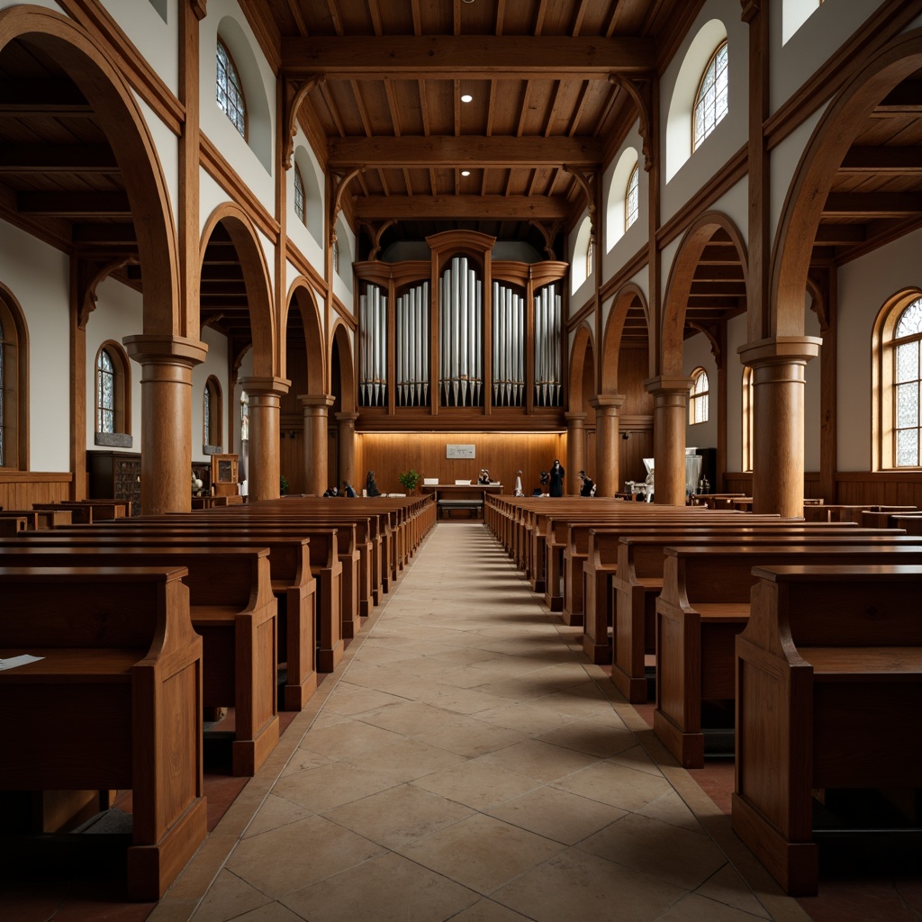 Prompt: Traditional church interior, wooden pews with ornate carvings, warm brown wood tones, soft cushioning, gentle curves, central aisle, stained glass windows, vaulted ceilings, grand organ pipes, subtle lighting, serene atmosphere, symmetrical composition, shallow depth of field, realistic textures, ambient occlusion.