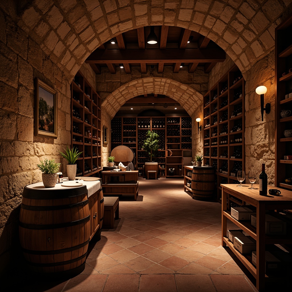 Prompt: Rich wine cellar, dark wood tones, warm earthy hues, rustic stone walls, dimly lit ambiance, soft golden lighting, luxurious velvet textures, ornate metalwork details, vintage wine barrels, wooden crates, subtle aroma of oak and grapes, classic label designs, sophisticated color blocking, muted burgundy reds, deep merlot purples, creamy champagne whites, rich walnut browns, earthy terracotta oranges, warm beige neutrals, dramatic shadows, low-key contrast, atmospheric misting.