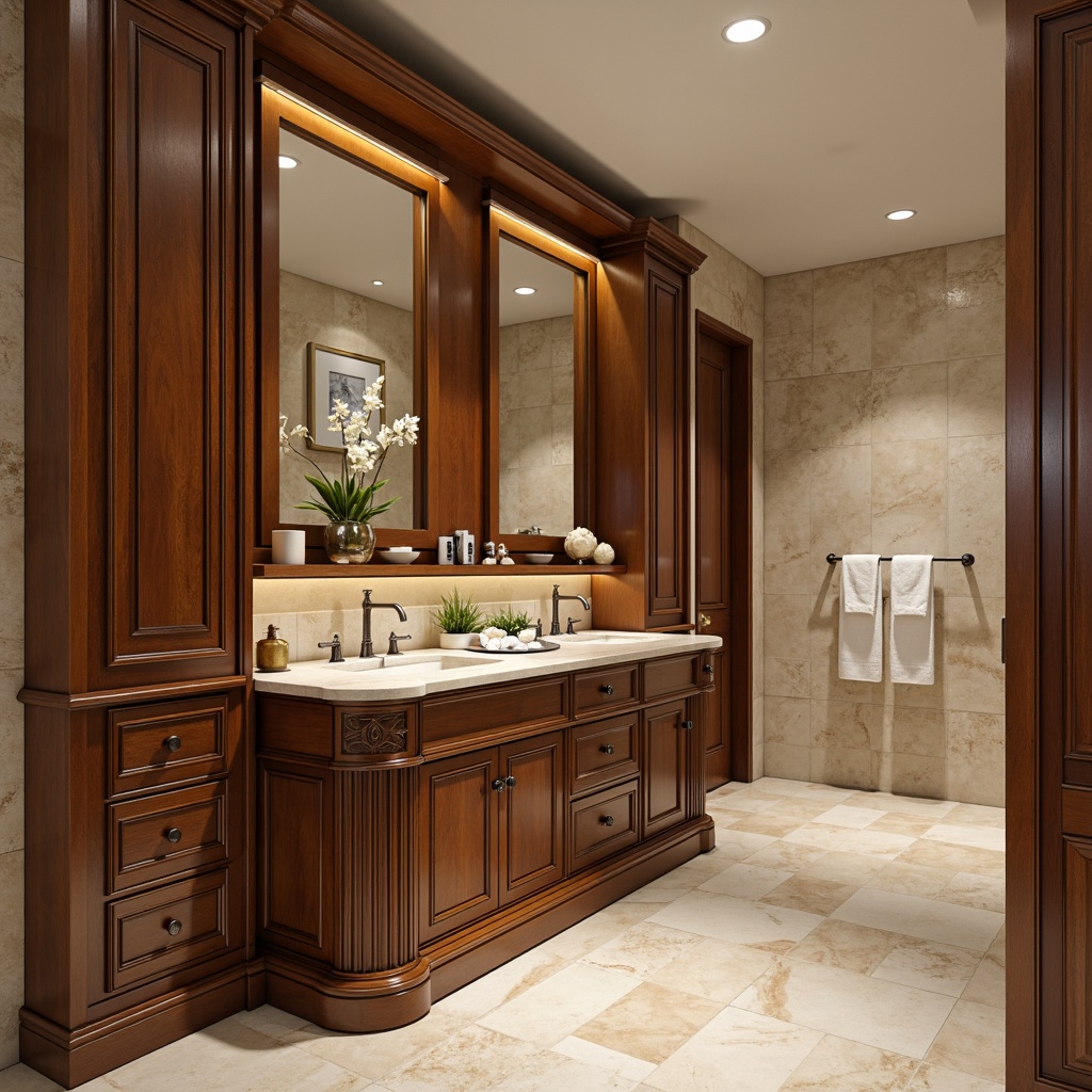 Prompt: Luxurious bathroom, freestanding vanity, rich wood tones, ornate carvings, soft-close drawers, LED lighting, marble countertops, elegant faucets, wall-mounted mirrors, spa-inspired ambiance, warm beige walls, porcelain flooring, natural stone accents, modern minimalist design, ample storage space, cleverly hidden outlets, chrome hardware, soft focus lighting, shallow depth of field, 1/1 composition, realistic textures.