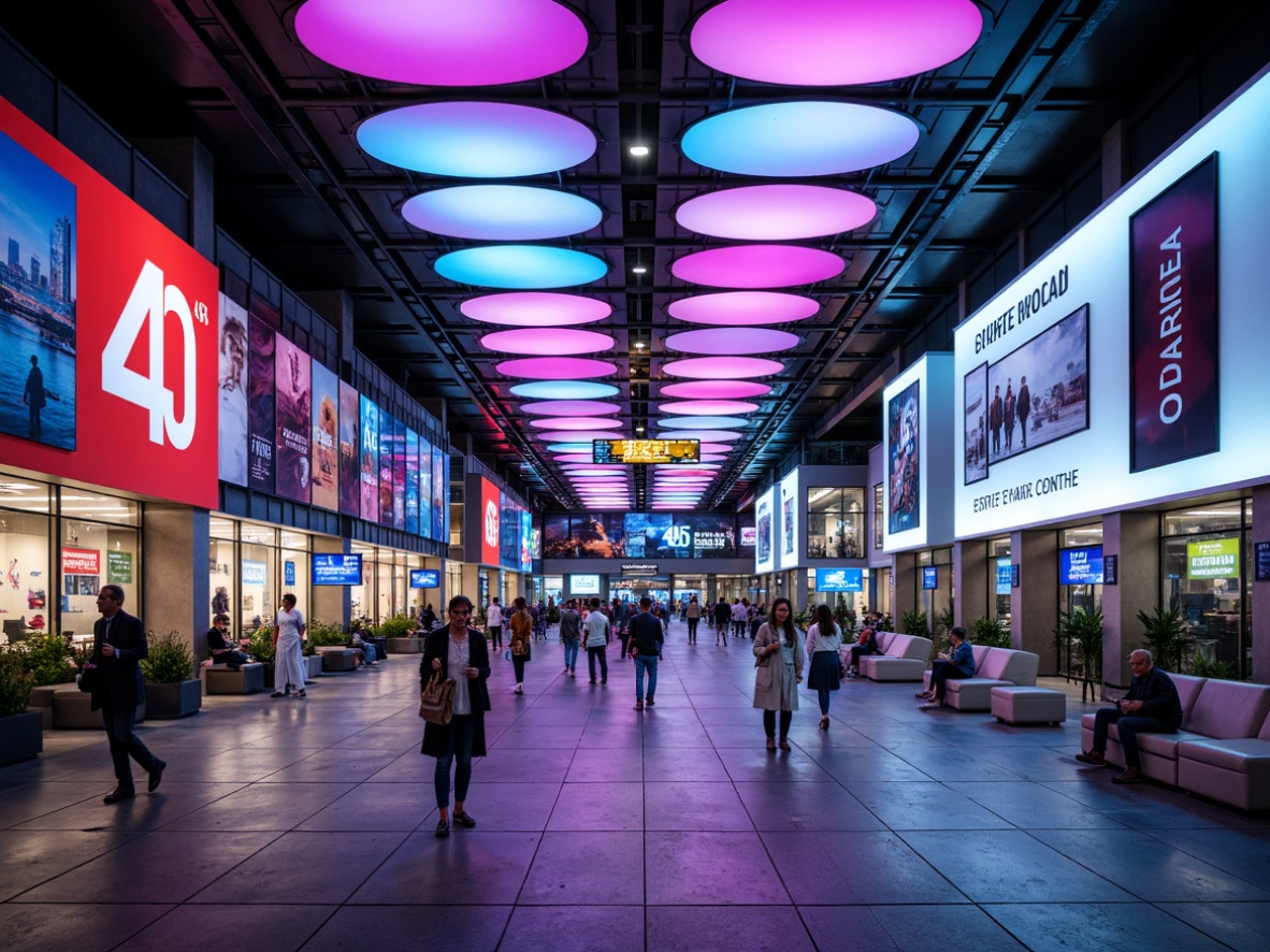 Prompt: Vibrant bus terminal, modern architecture, bold color blocking, bright signage, dynamic LED lights, urban cityscape, bustling atmosphere, rush hour crowds, comfortable seating areas, natural stone flooring, stainless steel accents, futuristic design elements, geometric patterns, high-contrast color scheme, neon-lit advertisements, sleek information boards, efficient wayfinding systems, safety-focused lighting design, 24/7 operational ambiance, rainy day reflections, shallow depth of field, 2/3 composition, realistic textures, ambient occlusion.