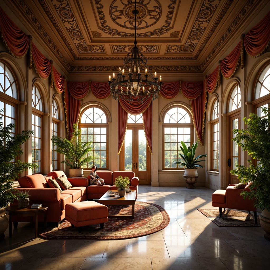 Prompt: Richly ornamented sunroom, lavish furnishings, intricate carvings, gilded accents, velvety soft drapery, warm golden lighting, ornate chandeliers, majestic archways, grandiose columns, opulent textiles, luxurious marble floors, Baroque-inspired architectural details, sweeping curved lines, dramatic shadows, high contrast ratio, 1/2 composition, atmospheric perspective, realistic reflections, detailed normal maps.