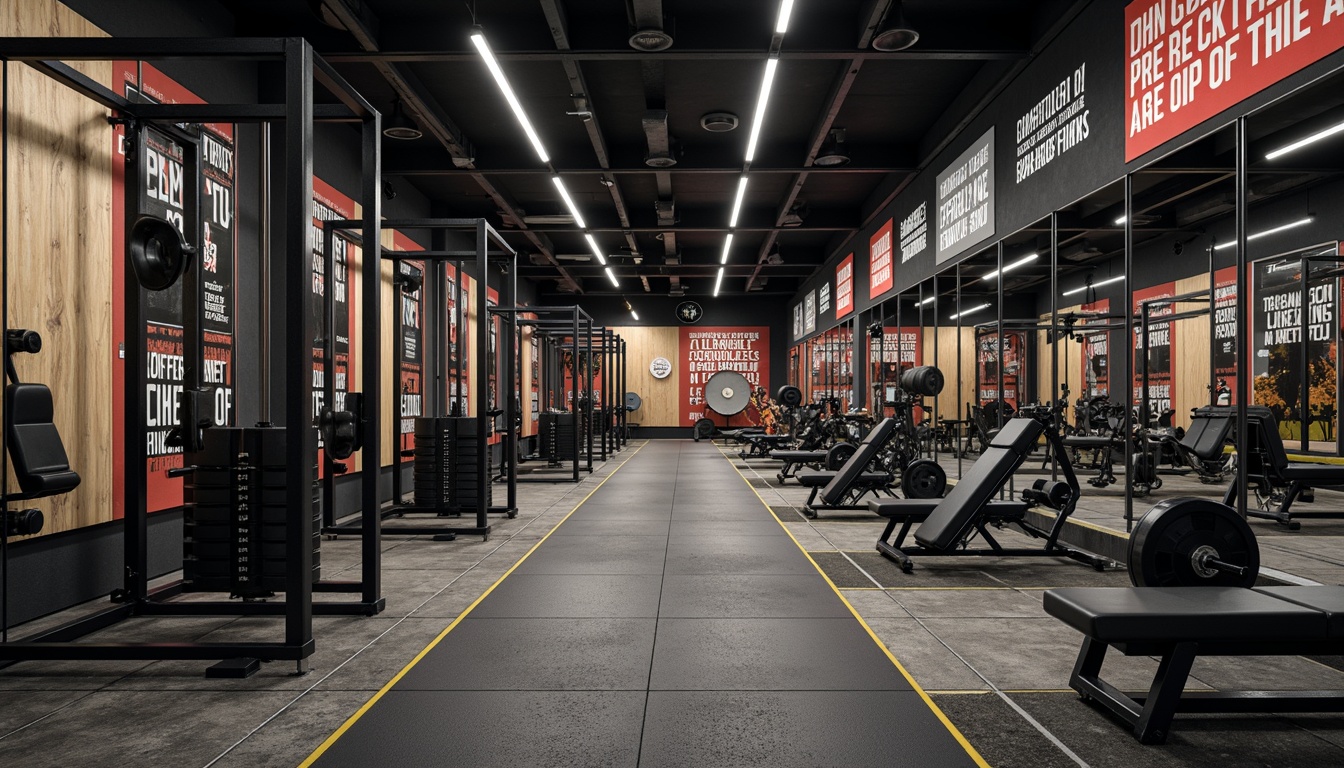 Prompt: Modern home gym, industrial-chic equipment, metallic frames, rubber flooring, mirrored walls, adjustable lighting, ergonomic seating, high-tech sound systems, motivational quotes, athletic color schemes, bold typography, dynamic composition, shallow depth of field, 1/1 aspect ratio, realistic textures, ambient occlusion.