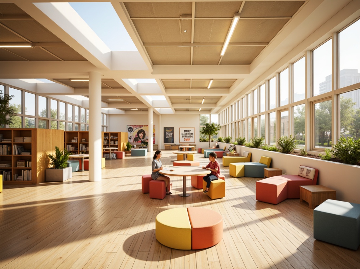 Prompt: Vibrant school interior, warm beige walls, polished wooden floors, minimalistic furniture, abundant natural light, large windows, clerestory windows, soft diffused lighting, LED strip lights, pendant lamps, recessed lighting, indirect illumination, 1/1 composition, shallow depth of field, realistic textures, ambient occlusion, educational murals, motivational quotes, colorful lockers, collaborative workspaces, flexible seating arrangements, energetic color schemes, inspirational artwork, calming atmosphere.