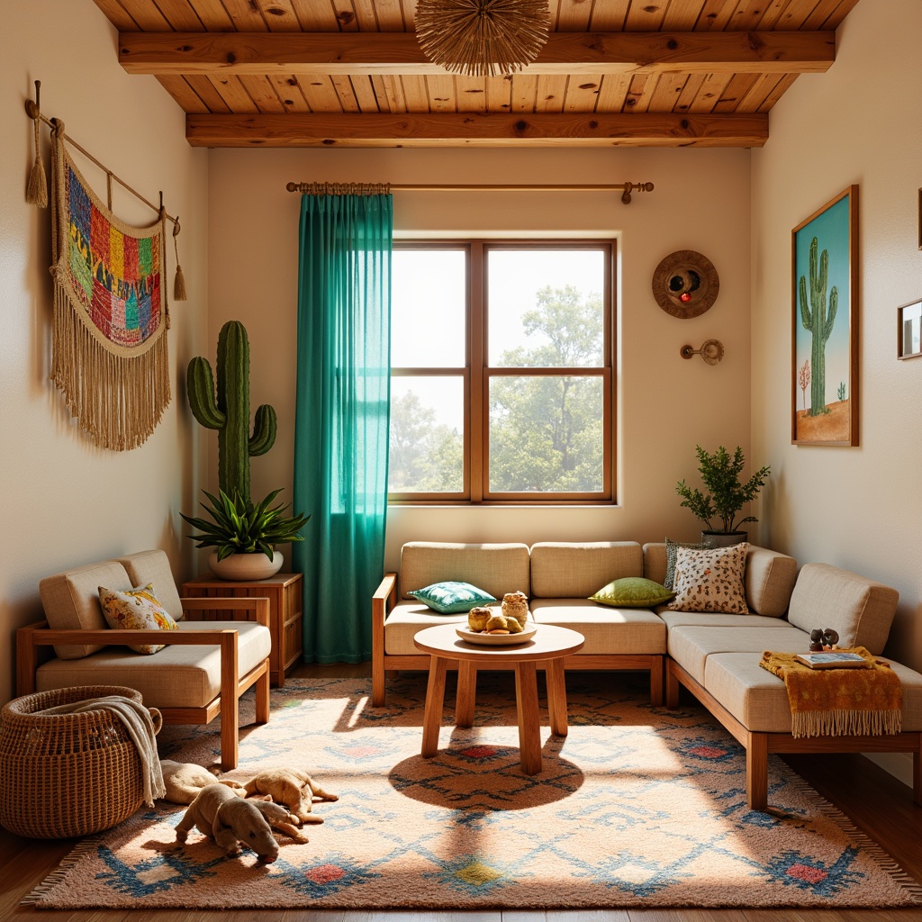 Prompt: Vibrant kids' room, southwestern style, warm beige walls, turquoise accents, sandy brown furniture, colorful woven textiles, geometric patterned rug, cactus-inspired decor, sunny day, soft warm lighting, 1/1 composition, shallow depth of field, realistic textures, ambient occlusion.