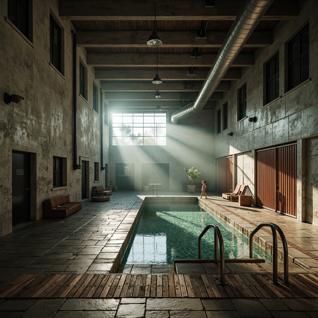 Prompt: Rustic industrial atmosphere, distressed concrete walls, rough stone flooring, metallic handrails, reclaimed wood accents, exposed ductwork, vintage pool equipment, weathered steel ladders, worn wooden planks, faded lane lines, misty morning ambiance, soft natural lighting, shallow depth of field, 2/3 composition, moody color palette, realistic texture overlays.