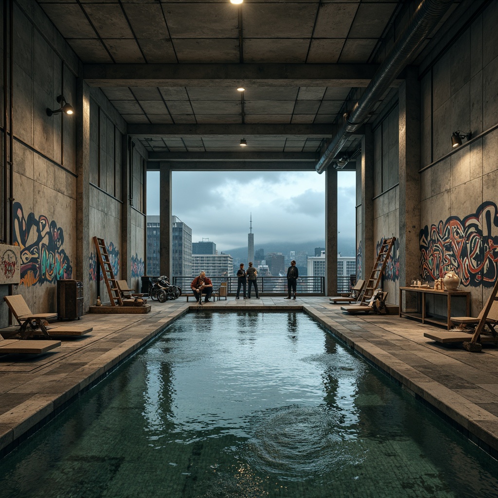 Prompt: Exposed concrete walls, metal beams, industrial pipes, distressed wood accents, reclaimed wooden planks, rusty steel railings, urban graffiti murals, cityscape views, moody gray skies, dramatic spotlights, misty atmosphere, shallow water effects, turbulent wave patterns, rough stone flooring, weathered metal ladders, industrial-style lanterns, vintage diving boards, worn-out pool decks, faded color schemes, muted blue tones, desaturated green hues, aged concrete textures, realistic puddle reflections, cinematic lighting, 3/4 composition, low-angle shot.