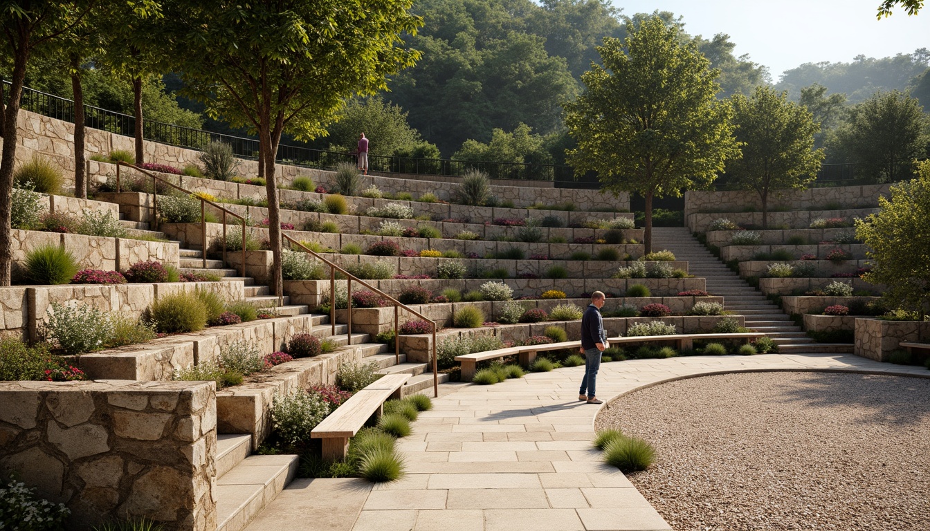 Prompt: Rustic amphitheater seating, natural stone walls, wooden benches, weathered steel railings, rough-hewn concrete floors, earthy-toned gravel pathways, lush greenery surroundings, blooming wildflowers, warm sunny day, soft diffused lighting, shallow depth of field, 3/4 composition, panoramic view, realistic textures, ambient occlusion.