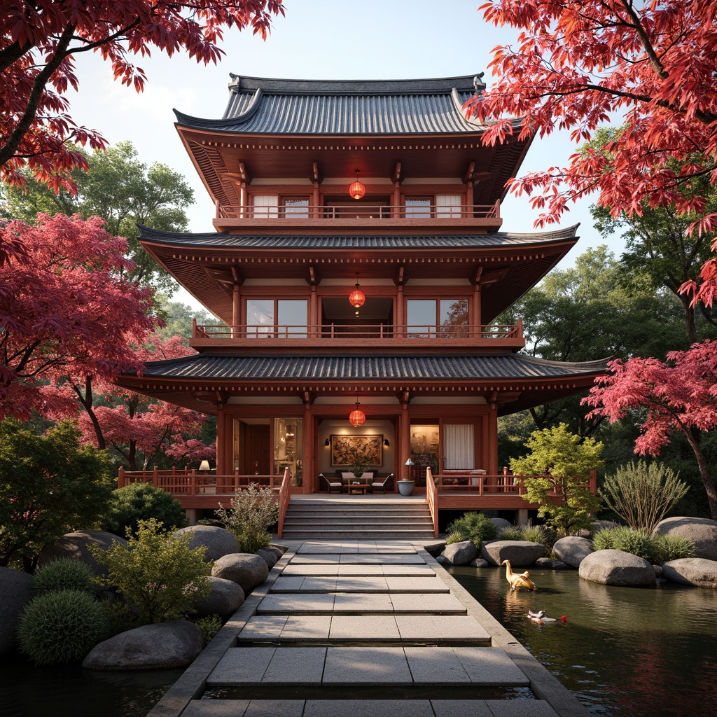 Prompt: Intricate pagoda architecture, vibrant red lanterns, delicate cherry blossom trees, ornate wooden carvings, majestic golden dragons, serene koi ponds, natural stone pathways, lush greenery, traditional tatami mats, sliding shoji screens, warm soft lighting, shallow depth of field, 3/4 composition, realistic textures, ambient occlusion.