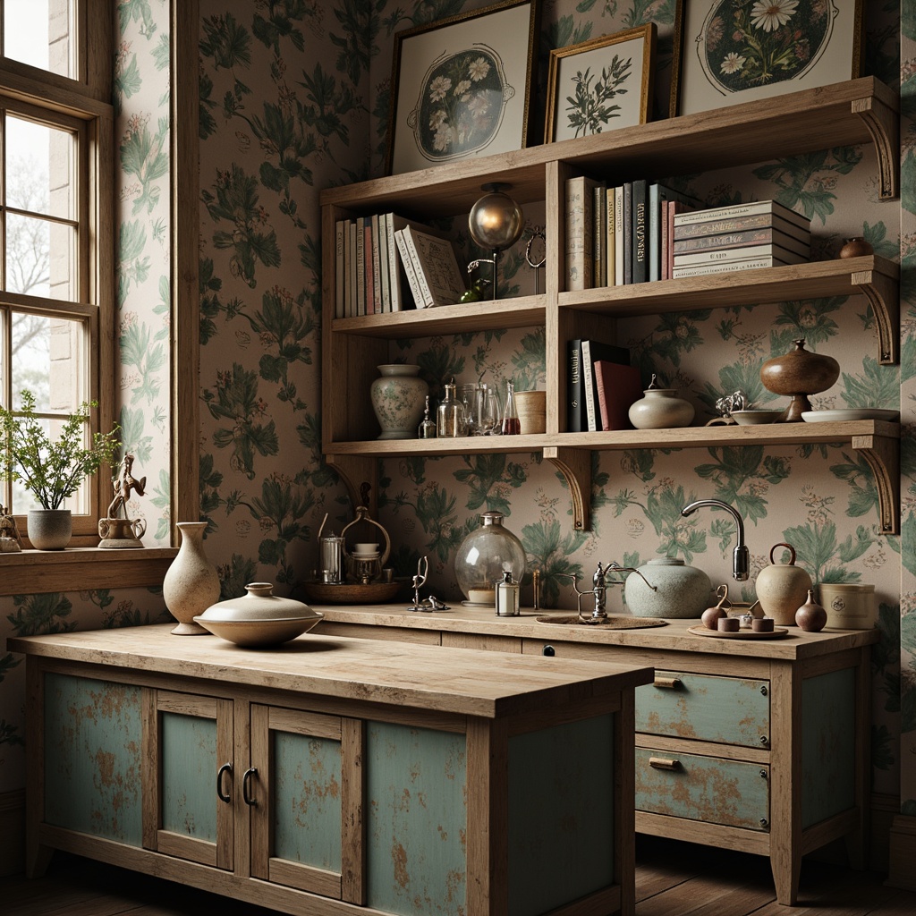 Prompt: Distressed wooden shelves, vintage laboratory equipment, antique microscopes, rustic metal cabinets, soft pastel colors, floral patterns, lace curtains, distressed finishes, ornate mirrors, decorative corbels, worn leather-bound books, faded botanical prints, delicate glassware, porcelain fixtures, warm candlelight, shallow depth of field, 1/2 composition, romantic ambiance, realistic textures, subtle color grading.