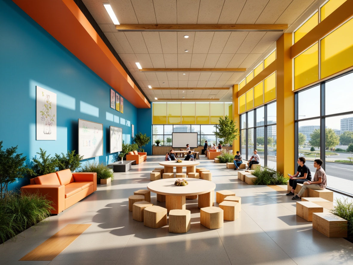 Prompt: Vibrant elementary school, streamline moderne architecture, bright yellow accents, calming blue walls, energetic orange furniture, natural wood tones, sleek metal frames, large windows, ample daylight, soft warm lighting, shallow depth of field, 3/4 composition, panoramic view, realistic textures, ambient occlusion, educational signage, interactive whiteboards, collaborative learning spaces, comfortable reading nooks, flexible seating areas, modern technology integration, minimalist design, sustainable building materials, eco-friendly color scheme.