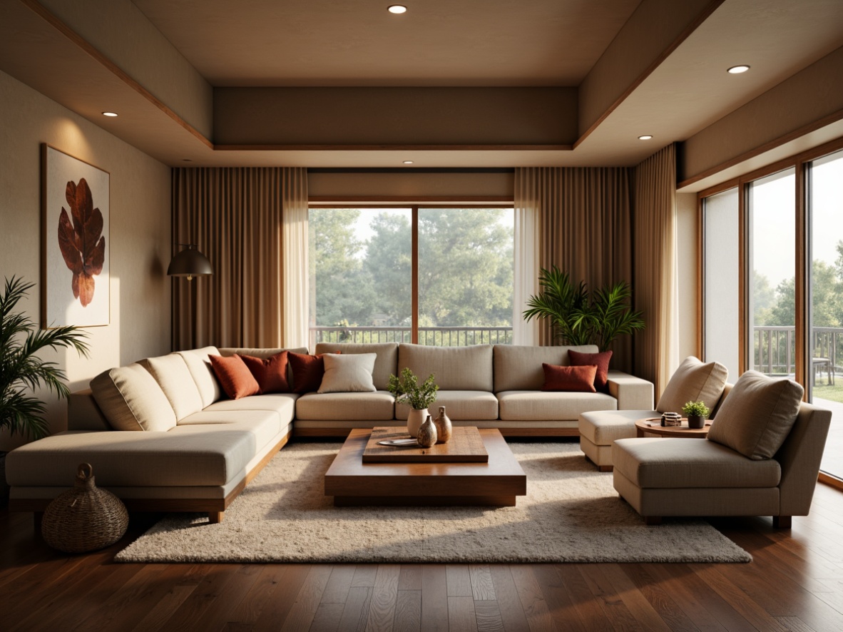 Prompt: Cozy living room, plush sectional sofa, wooden coffee table, soft cushioned armchairs, velvety throw pillows, warm beige walls, dark hardwood flooring, modern minimalist decor, floor-to-ceiling windows, natural daylight, calming atmosphere, warm ambient lighting, 1/1 composition, shallow depth of field, realistic textures, soft focus blur.