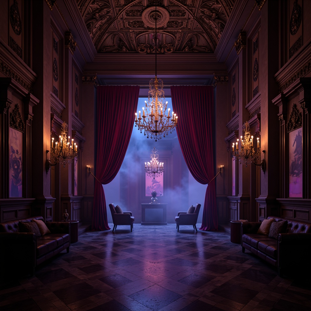 Prompt: Dark mysterious atmosphere, ornate chandeliers, vaulted ceilings, grandiose arches, rich wood paneling, intricate carvings, luxurious velvet drapes, deep red wine colors, midnight blue hues, mysterious purple shades, golden accents, bronze fixtures, mystical candlelight, eerie shadows, dramatic contrasts, Baroque-inspired patterns, lavish textiles, heavy drapery, atmospheric fog effects, cinematic lighting, 3/4 composition, low-key illumination.