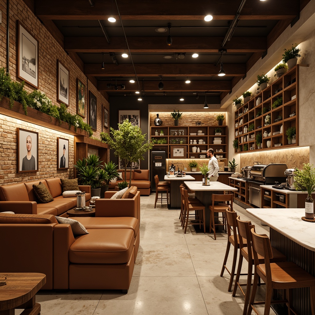 Prompt: Cozy coffee shop, warm earthy tones, rich brown wood accents, creamy white marble countertops, comfortable seating areas, plush couches, natural stone walls, vintage industrial decor, metal beams, exposed brick, aromatic coffee scents, soft warm lighting, 1/1 composition, intimate atmosphere, rustic textures, ambient occlusion.