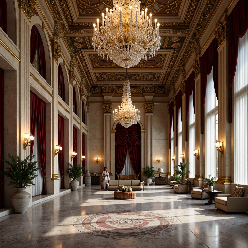 Prompt: Grandiose neoclassical facade, ornate columns, intricately carved stonework, lavish gold accents, polished marble floors, rich velvet drapes, opulent crystal chandeliers, soft warm lighting, subtle shadowing, high-contrast textures, 1/2 composition, symmetrical balance, dramatic archways, imposing scale, luxurious atmosphere, regal color palette, ornamental details, subtle wear and tear, natural stone walls, elegant furnishings, refined ornateness.