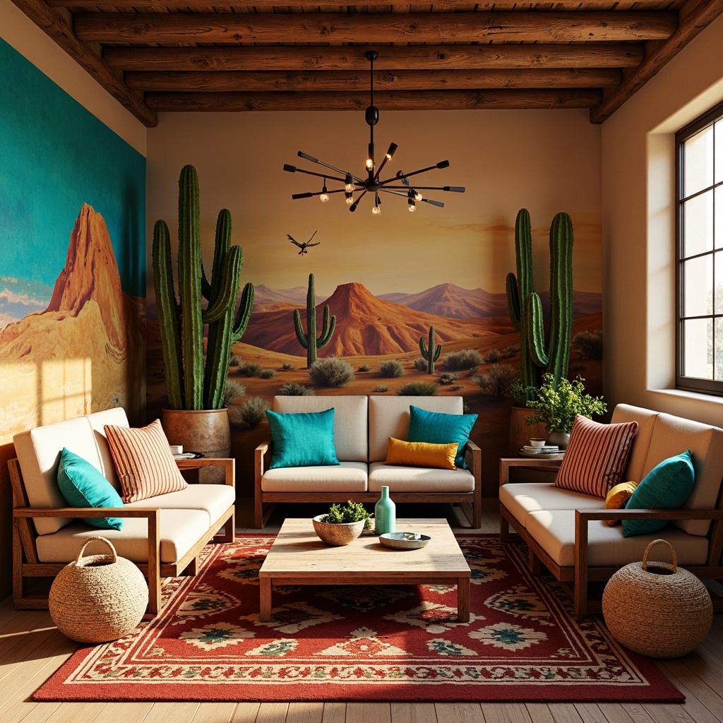 Prompt: Vibrant turquoise accents, bold red and yellow stripes, Navajo-inspired patterns, woven baskets, distressed wood furniture, natural fiber rugs, plush cactus-shaped pillows, desert landscape wallpaper, warm golden lighting, shallow depth of field, 1/1 composition, panoramic view, realistic textures, ambient occlusion.