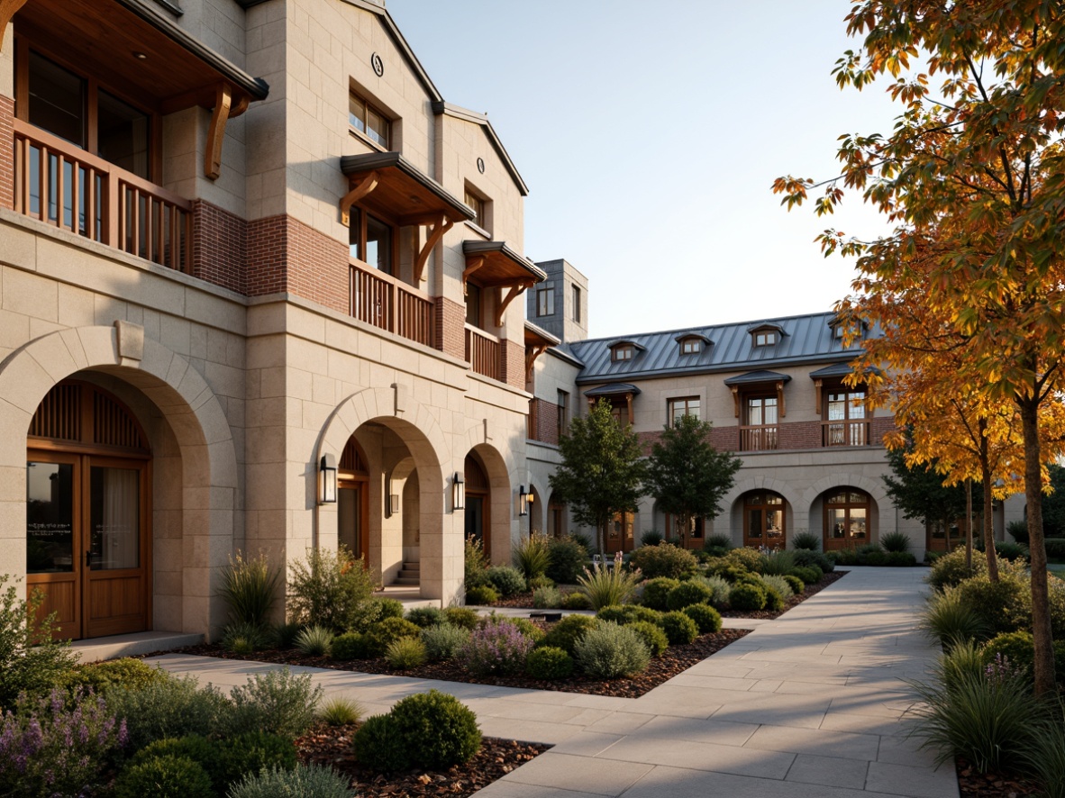 Prompt: Warm beige stone fa\u00e7ades, rustic brick accents, collegiate Gothic arches, ornate wooden doors, vintage lanterns, lush green quadrangles, weathered copper roofs, stained glass windows, intricate stone carvings, ivy-covered walls, scenic campus pathways, autumnal foliage, soft warm lighting, shallow depth of field, 3/4 composition, panoramic view, realistic textures, ambient occlusion.