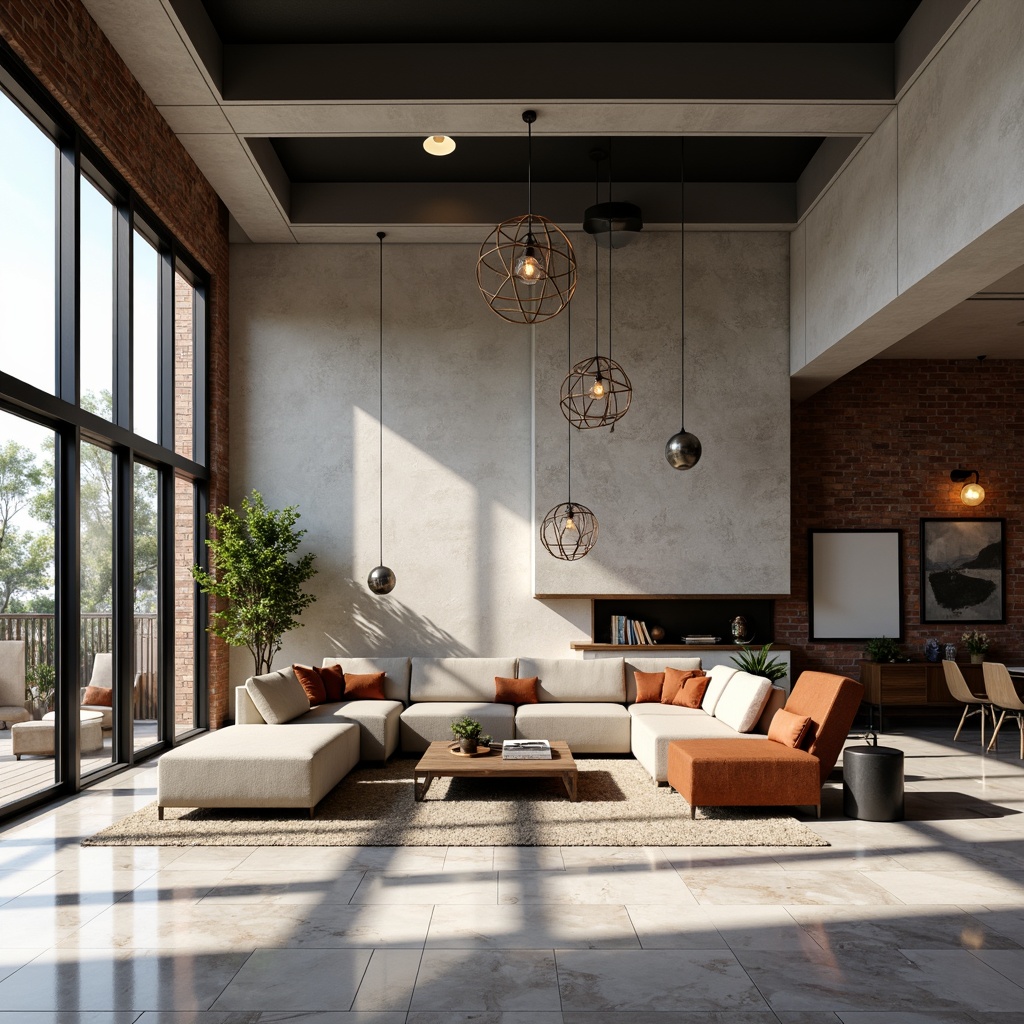 Prompt: Contemporary living room, sleek modern furniture, polished marble floors, minimalist decor, floor-to-ceiling windows, soft warm glow, pendant lighting fixtures, spherical chandeliers, geometric metal shades, Edison bulb lamps, industrial-style pipes, exposed brick walls, natural wood accents, cozy reading nook, ambient lighting effects, 1/1 composition, shallow depth of field, realistic textures.