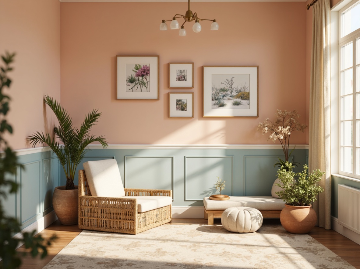 Prompt: Soft peach walls, creamy white trim, calming light blue accents, warm beige furniture, natural wood textures, earthy terracotta pots, lush greenery, delicate flower patterns, subtle golden lighting, gentle misty atmosphere, shallow depth of field, 1/1 composition, realistic renderings, ambient occlusion.