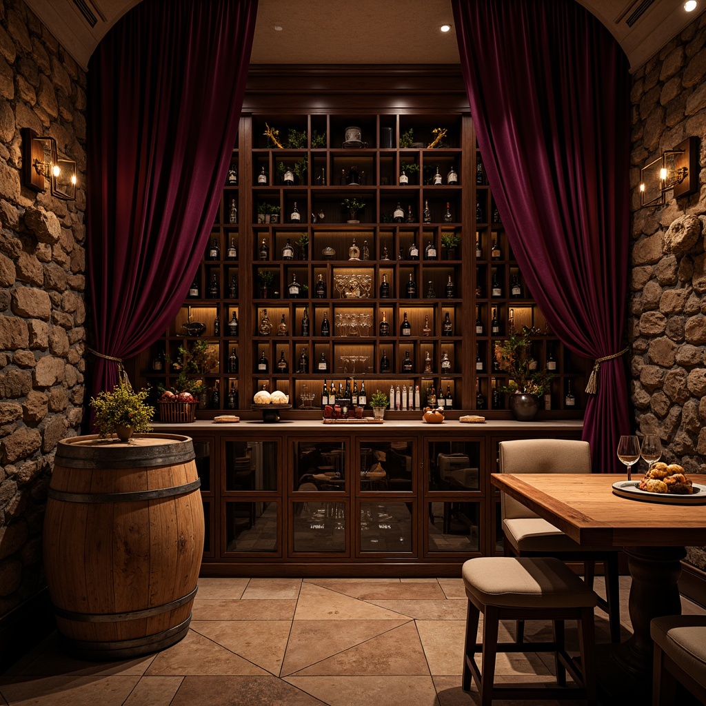 Prompt: Rich wine cellar, dark wooden racks, dimmed warm lighting, earthy tones, rustic stone walls, vintage wine barrels, luxurious velvet drapes, polished chrome accents, elegant glassware, rich mahogany wood, subtle purple undertones, soft golden hues, dramatic shadows, ambient warm glow, 1/2 composition, realistic textures, detailed reflections.