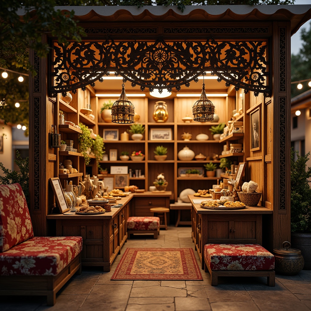 Prompt: Traditional market stall, ornate wooden furniture, intricately carved decorations, warm golden lighting, rustic metal accents, vibrant colorful textiles, plush cushions, natural stone floors, distressed wood finishes, earthy color palette, cozy atmosphere, shallow depth of field, 1/2 composition, realistic textures, ambient occlusion.