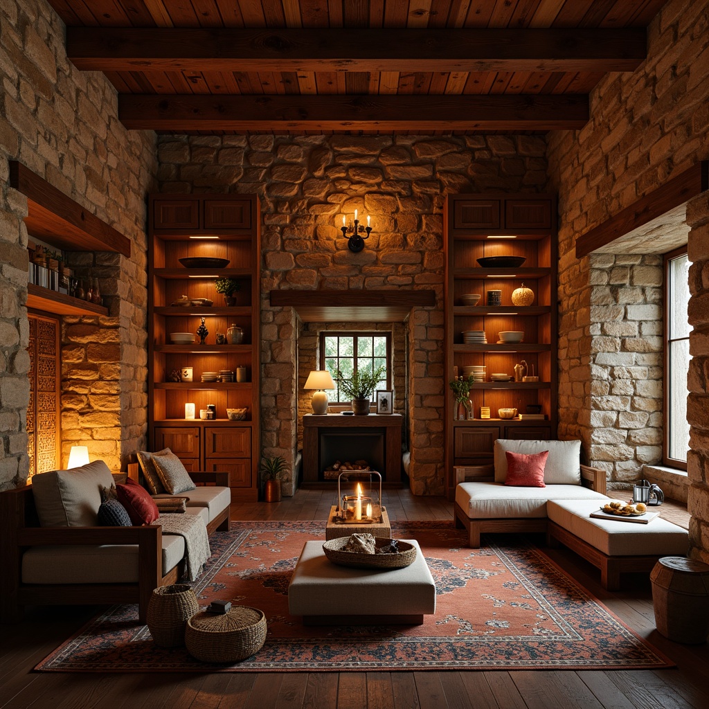 Prompt: Warm cozy atmosphere, rustic stone walls, rough-hewn wooden accents, earthy color palette, natural textures, organic patterns, candlelit ambiance, soft warm lighting, intimate seating areas, plush throw blankets, woven baskets, vintage decorative items, distressed finishes, reclaimed wood, brick-red hues, ambient shadows, shallow depth of field, 1/1 composition, realistic renderings.