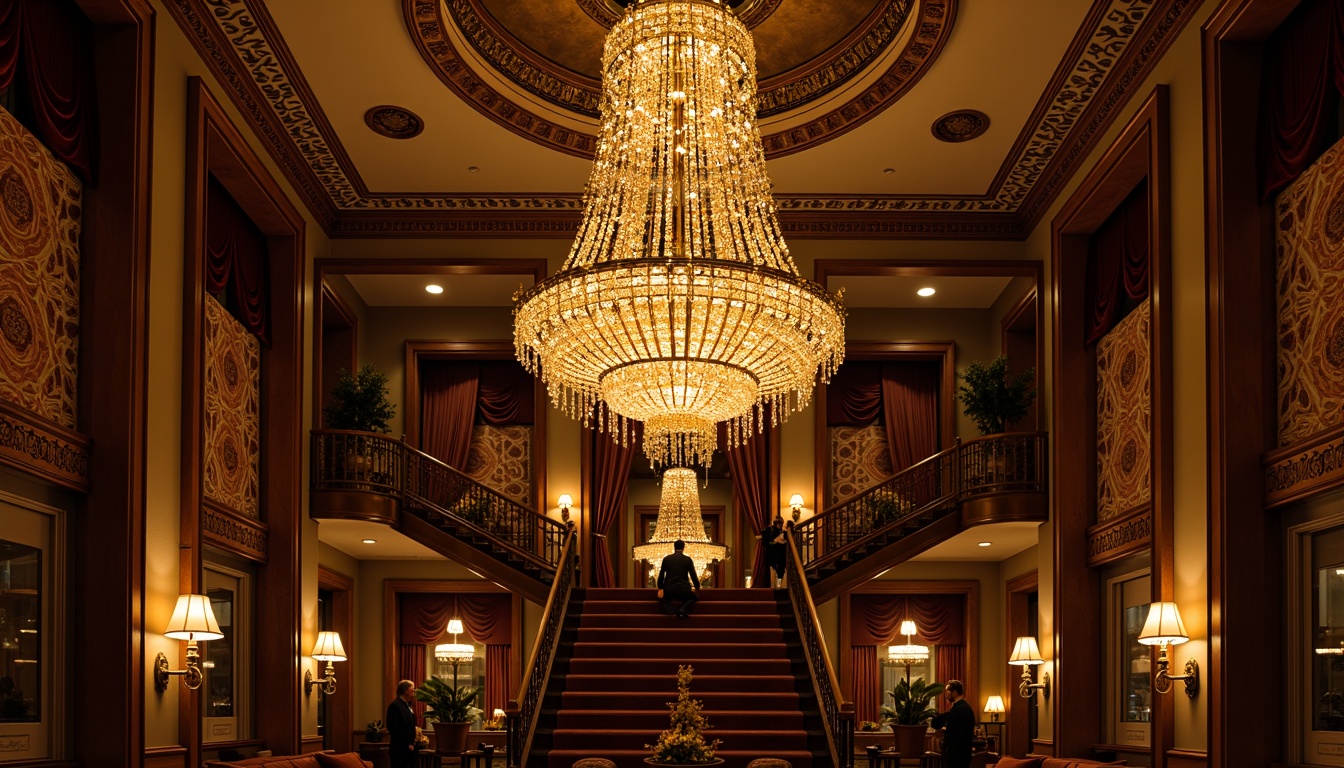 Prompt: Unique chandelier, ornate metalwork, warm golden lighting, luxurious high-ceilinged space, lavish furnishings, opulent decor, crystal droplets, intricate patterns, regal atmosphere, majestic architecture, grand staircase, rich wood tones, velvet drapes, exquisite tapestries, ambient illumination, dramatic shadows, 1/2 composition, low-key lighting, mysterious ambiance.