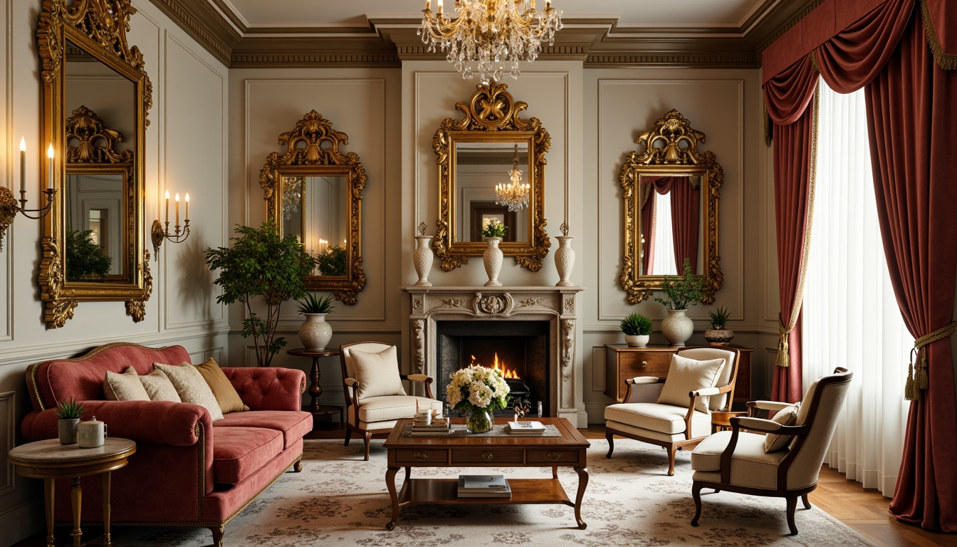 Prompt: Opulent living room, gilded mirrors, intricately carved wooden furniture, velvet upholstery, ornate gold leaf accents, delicate porcelain vases, lavish chandeliers, soft warm candlelight, subtle shadows, 1/1 composition, intimate atmosphere, luxurious fabrics, richly patterned rugs, French-inspired architecture, grandiose ceiling designs, crystal droplets, whimsical shell motifs, pale pastel colors, refined elegance, majestic sweeping curves.