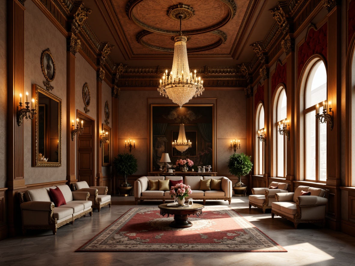 Prompt: Elegant chandeliers, ornate candelabras, soft warm glow, golden lighting fixtures, velvet drapes, luxurious fabrics, rich wood tones, marble floors, intricate moldings, high ceilings, symmetrical compositions, subtle shading, realistic textures, ambient occlusion, warm color palette, Renaissance-inspired patterns, classic furniture pieces, sophisticated interior design.