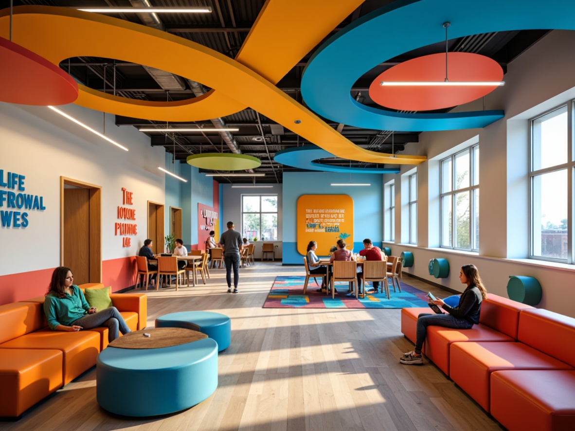 Prompt: Vibrant youth center, energetic atmosphere, playful color scheme, bright hues, bold accents, dynamic patterns, inspirational quotes, motivational artwork, modern furniture, sleek lines, minimalist decor, natural light, airy spaces, collaborative zones, flexible seating, interactive technology, engaging activities, lively corridors, stimulating classrooms, cozy lounges, youthful vibes, warm ambient lighting, shallow depth of field, 3/4 composition, realistic textures.