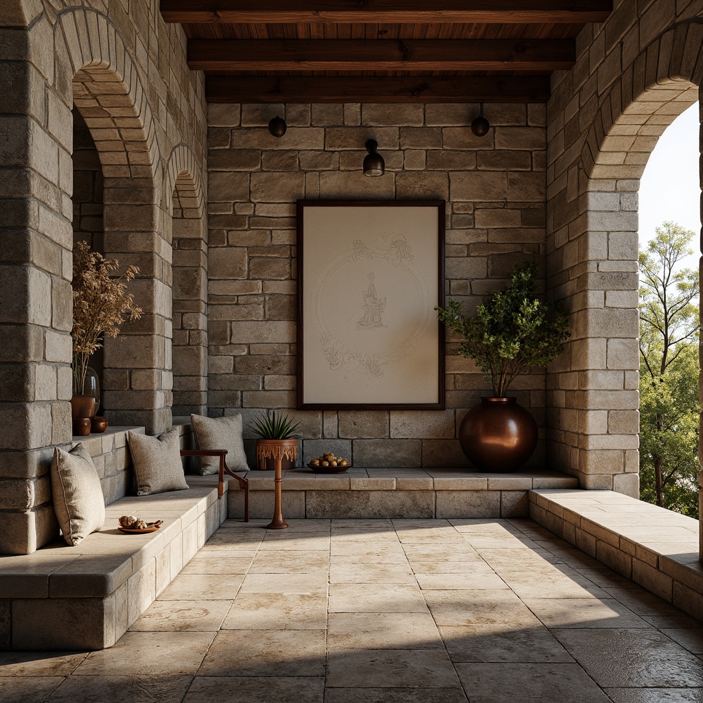 Prompt: Natural stone walls, rough-hewn granite, weathered limestone, rusty copper accents, earthy tones, organic textures, distressed finishes, rugged stone floors, mosaic patterns, subtle color variations, warm ambient lighting, shallow depth of field, 1/1 composition, realistic rendering, atmospheric perspective.