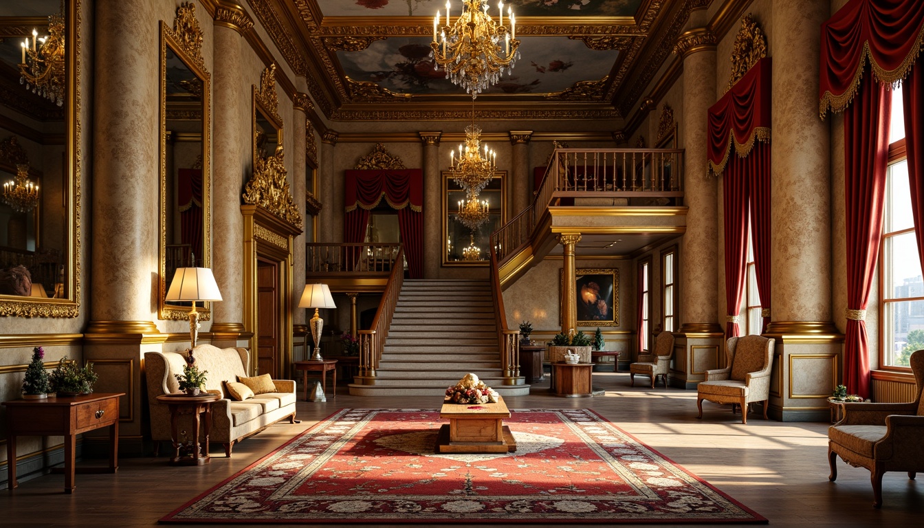 Prompt: Ornate palace, golden accents, intricate carvings, textured stone walls, velvet drapes, ornamental furnishings, lavish chandeliers, grand staircase, fresco ceilings, richly patterned rugs, gilded mirrors, dramatic lighting, warm color palette, high-contrast shadows, 1/2 composition, cinematic camera angle, realistic reflections, detailed normal maps.