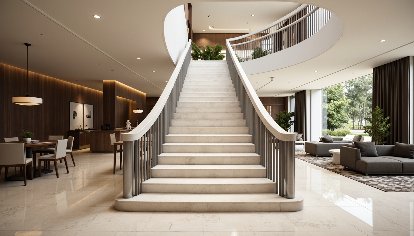 Prompt: Luxurious staircase, sleek balustrades, polished metal handrails, minimalist design, modern architectural style, open-plan living area, spacious floor plan, high ceilings, natural light pouring in, creamy white marble floors, dark wood accents, chrome fixtures, elegant curves, subtle LED lighting, dramatic shadows, shallow depth of field, 2/3 composition, atmospheric perspective, realistic reflections.