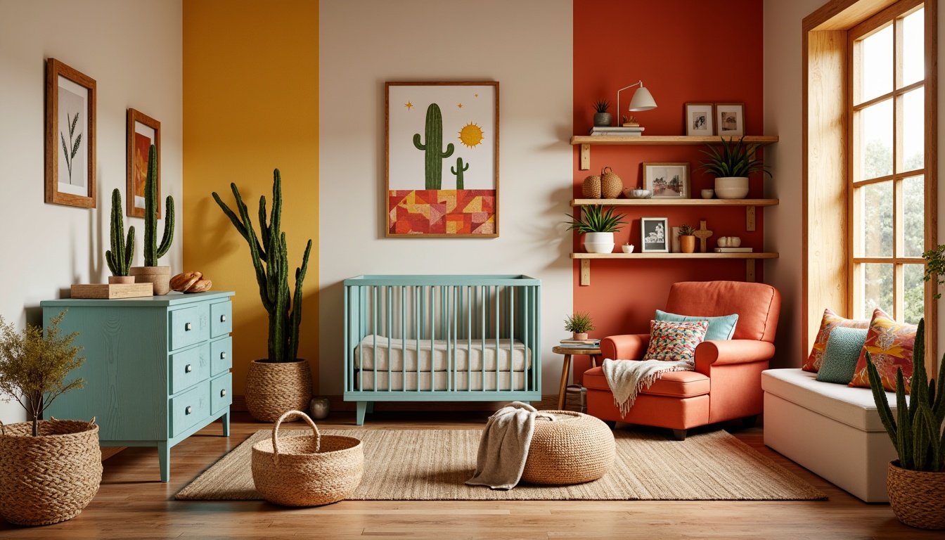 Prompt: Vibrant southwestern nursery, warm beige walls, turquoise accent furniture, soft coral crib, distressed wood decor, woven rattan storage baskets, colorful serape blankets, whimsical cactus mobiles, natural jute rug, earthy terracotta pots, lively yellow and orange geometric patterns, rustic wooden shelves, cozy reading nook, warm golden lighting, shallow depth of field, 1/2 composition, intimate atmosphere.