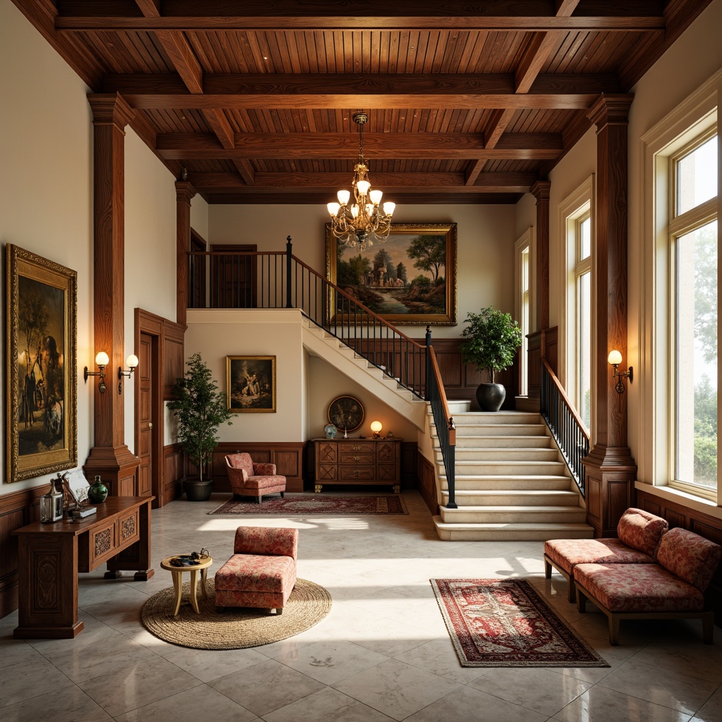 Prompt: Rich wood accents, ornate metalwork, grand staircases, polished marble floors, vaulted ceilings, stately columns, eclectic artwork, vintage furniture pieces, plush area rugs, warm beige walls, subtle cream trim, elegant chandeliers, soft diffused lighting, shallow depth of field, 1/1 composition, realistic textures, ambient occlusion.