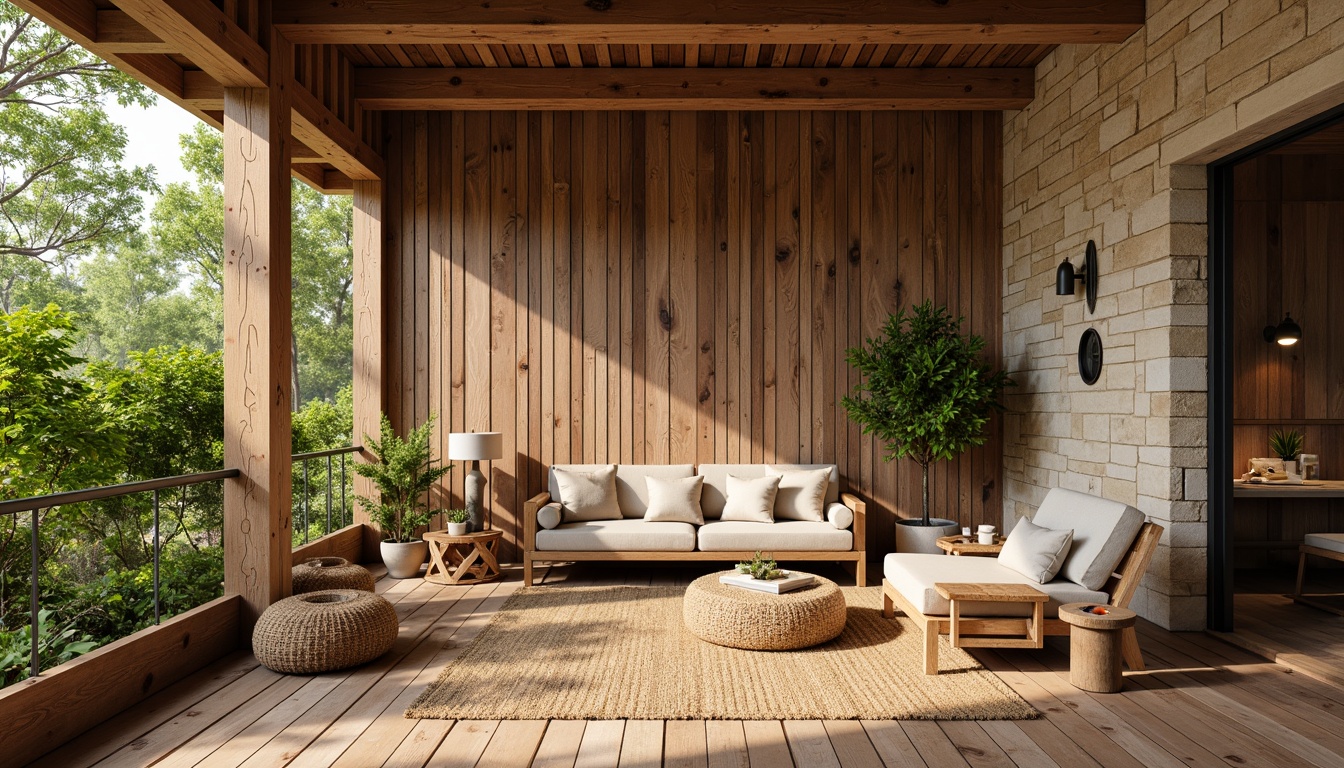 Prompt: Earthy tone, reclaimed wood accents, natural stone walls, bamboo flooring, woven rattan furniture, jute rugs, organic shapes, earthy color palette, lush greenery, potted plants, warm sunny lighting, soft shadows, 1/1 composition, intimate atmosphere, cozy nooks, textured fabrics, woven textiles, sustainable design solutions.