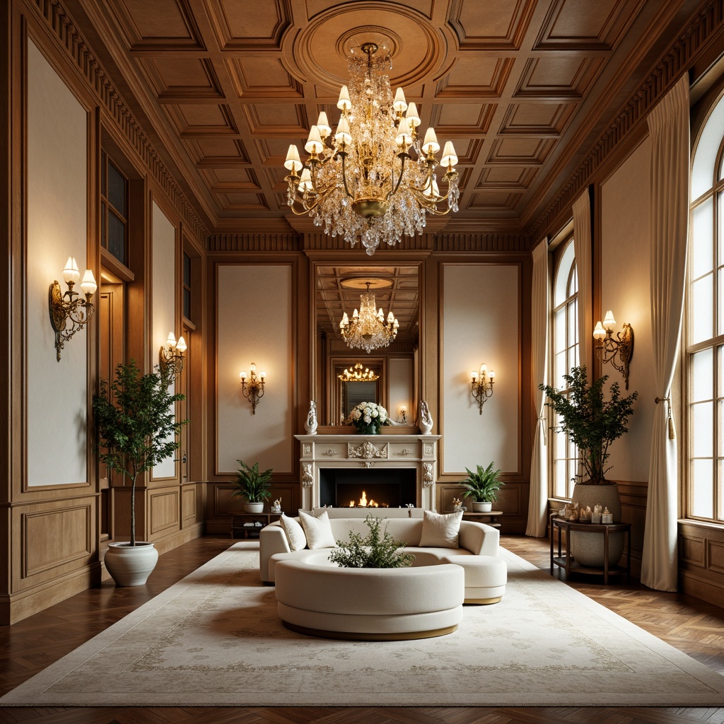 Prompt: Elegant chandelier, ornate sconces, warm soft lighting, rich wood paneling, luxurious fabrics, intricate carvings, refined furnishings, classical architectural details, symmetrical compositions, high ceilings, large windows, natural daylight, subtle shading, warm beige tones, creamy whites, rich gold accents, sophisticated ambiance, realistic textures, ambient occlusion.