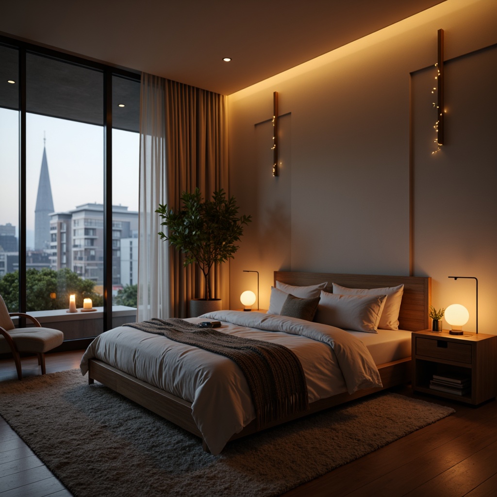 Prompt: Cozy modern bedroom, soft warm glow, table lamps, floor lamps, string lights, ambient lighting, LED strips, hidden light sources, minimalist decor, monochromatic color scheme, plush carpet, comfortable bedding, wooden furniture, sleek metal frames, floor-to-ceiling windows, sheer curtains, natural daylight, gentle morning light, romantic evening ambiance, 1/1 composition, shallow depth of field, realistic textures.