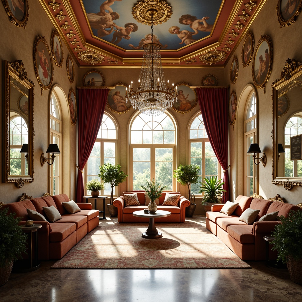 Prompt: Ornate sunroom, lavish furnishings, rich velvet drapes, gilded frames, intricate carvings, ornamental mirrors, crystal chandeliers, marble floors, lavish frescoes, soft warm lighting, warm beige walls, elegant curves, golden accents, luxurious fabrics, plush sofas, Baroque-inspired patterns, dramatic archways, grandiose proportions, airy atmosphere, natural light pouring in, 1/1 composition, high contrast ratio.