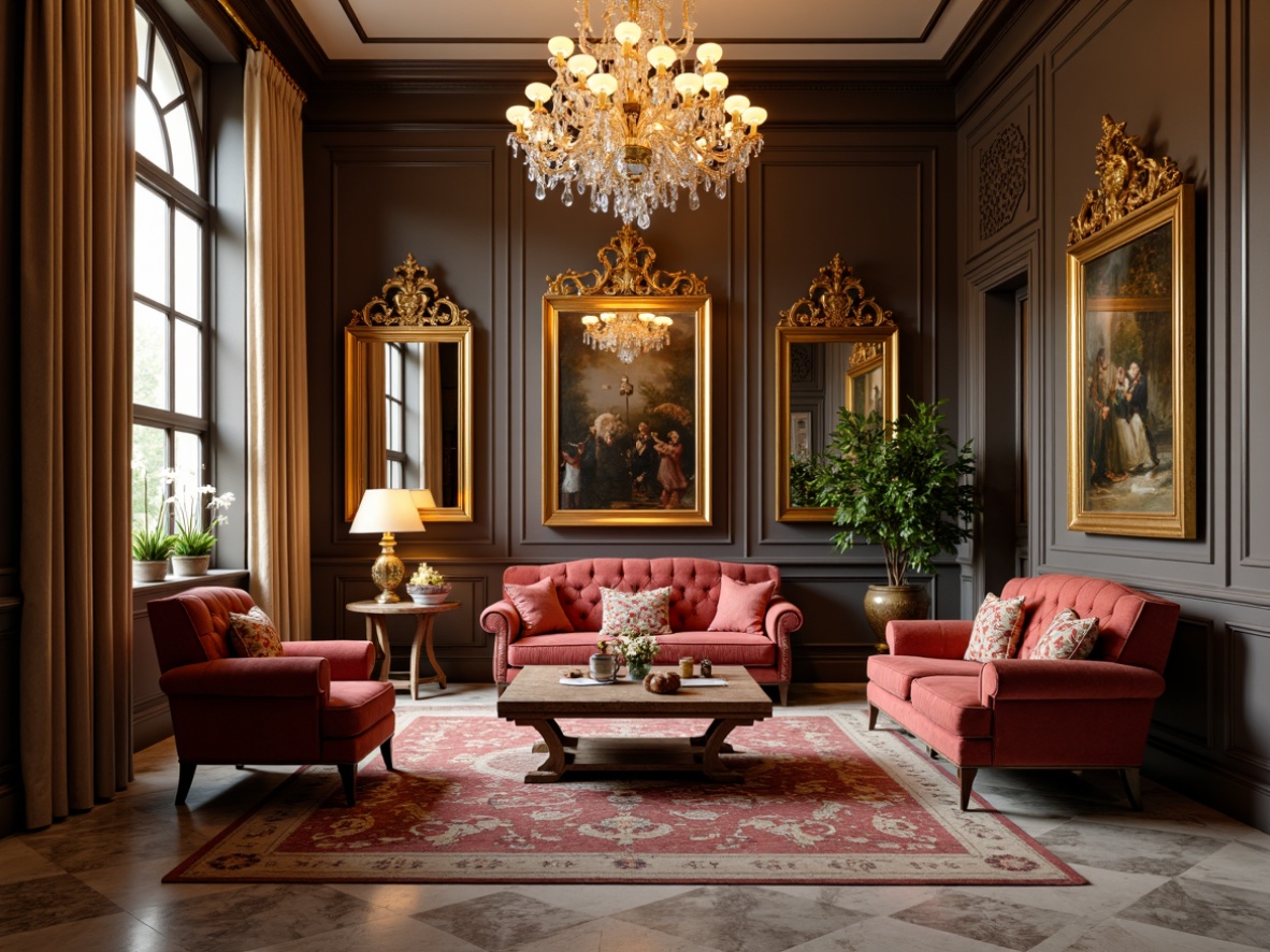 Prompt: Richly ornamented armchairs, plush velvet sofas, intricately carved wooden coffee tables, ornate gold leaf mirrors, luxurious silk drapes, subtle patterned rugs, elegant crystal chandeliers, refined marble flooring, classic oil paintings, warm golden lighting, shallow depth of field, 2/3 composition, realistic textures, ambient occlusion.