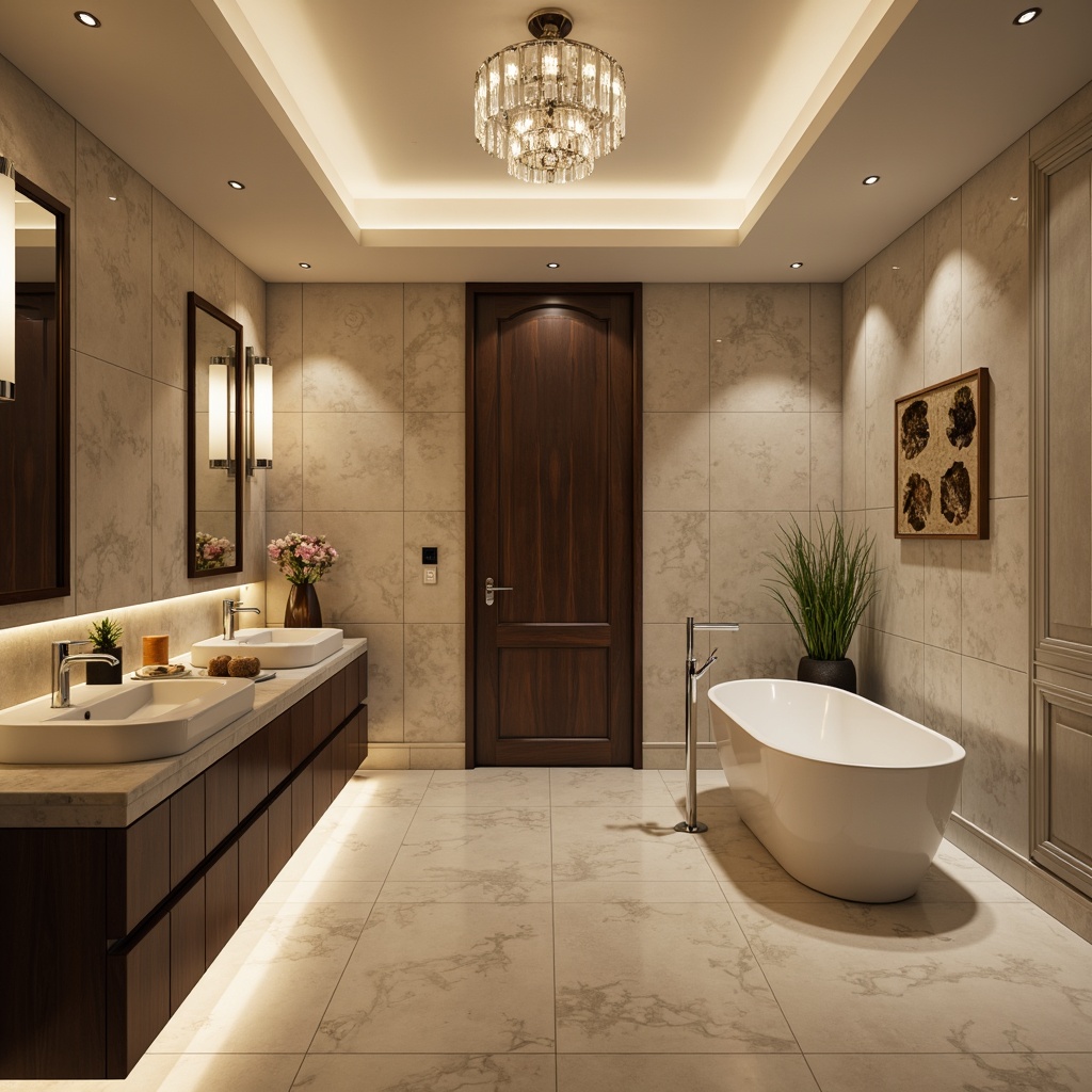 Prompt: Transitional bathroom, elegant fixtures, polished chrome finishes, soft warm lighting, LED strips under vanity, recessed ceiling lights, frosted glass shades, crystal chandelier, modern sconces, ambient glow, natural stone countertops, marble flooring, neutral color palette, spa-like atmosphere, wall-mounted faucets, rectangular mirrors, minimalist decor, subtle textures, 1/1 composition, shallow depth of field, soft focus.