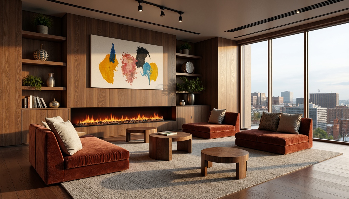 Prompt: Cozy living room, plush velvet sofas, reclaimed wood coffee tables, minimalist metal legs, soft cushioned armchairs, warm beige carpets, natural stone fireplaces, modern LED lighting, comfortable ergonomic designs, rich walnut wood accents, elegant glass vases, vibrant colorful throw pillows, abstract artwork, panoramic city views, 1/1 composition, shallow depth of field, soft box lighting.