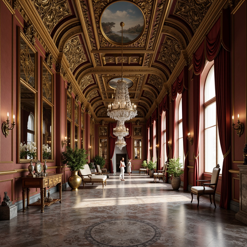 Prompt: Opulent palace interior, intricately carved wooden panels, gilded moldings, ornate mirrors, crystal chandeliers, velvet drapes, luxurious fabrics, gold leaf accents, delicate ceramics, ornamental clocks, intricate marble flooring, soft warm lighting, subtle shadows, shallow depth of field, 1/2 composition, intimate framing, realistic textures, ambient occlusion.