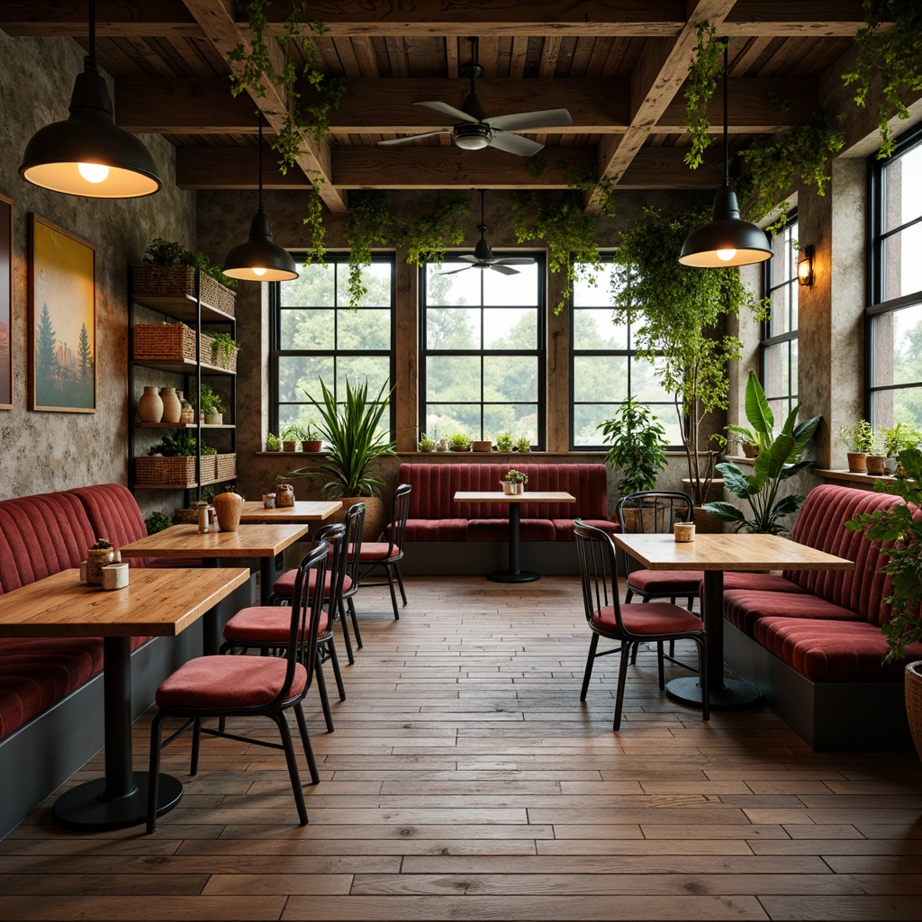 Prompt: Rustic coffee shop, farmhouse decor, vintage wooden tables, distressed metal chairs, plush velvet sofas, reclaimed wood accents, pendant lamps, natural stone walls, earthy tone color palette, lush greenery, potted plants, wooden crates, woven baskets, soft warm lighting, cozy atmosphere, 3/4 composition, realistic textures, ambient occlusion.