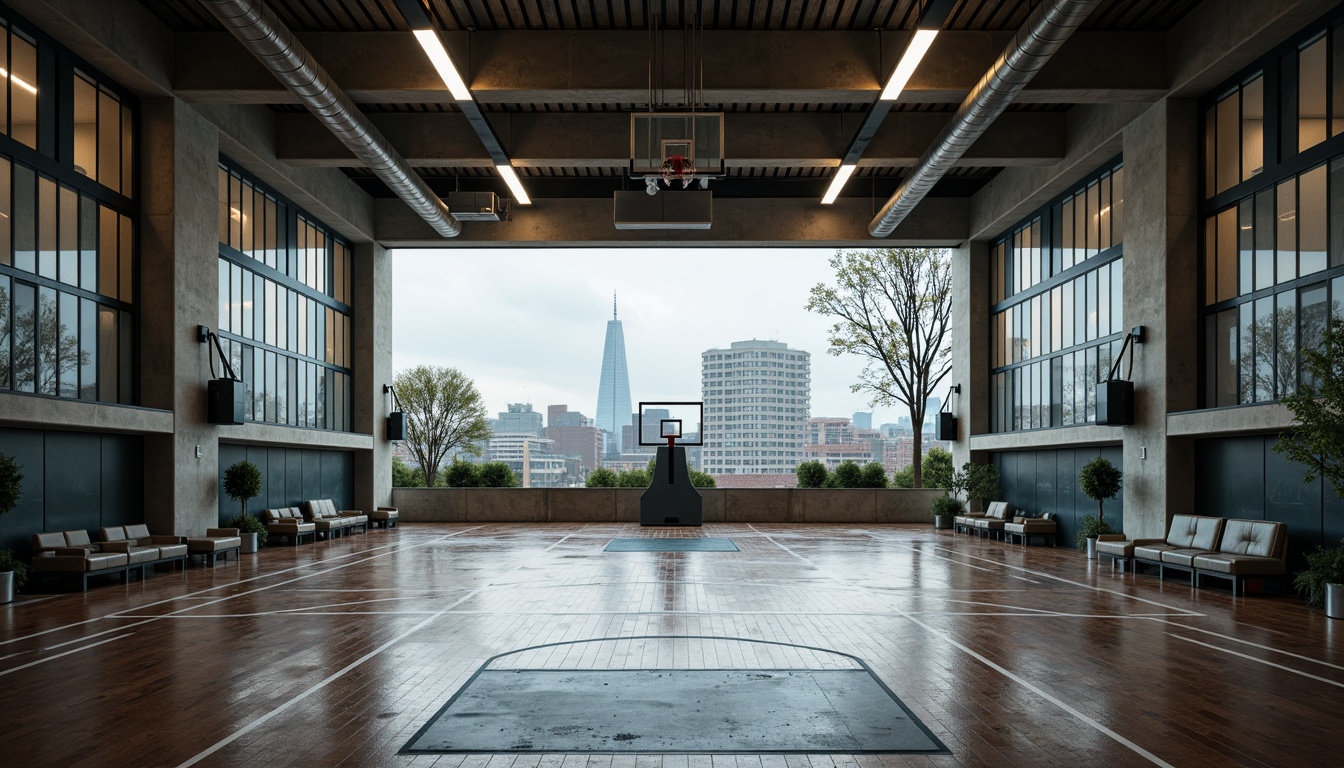 Prompt: Rough concrete walls, exposed ductwork, industrial-style lighting fixtures, metallic beams, rugged stone flooring, brutalist architectural design, functional athletic equipment, wooden gym floors, basketball hoops, tennis court markings, spectator seating areas, urban cityscape views, overcast sky, dramatic high-contrast lighting, 2/3 composition, symmetrical framing, gritty realistic textures, atmospheric fog effects.