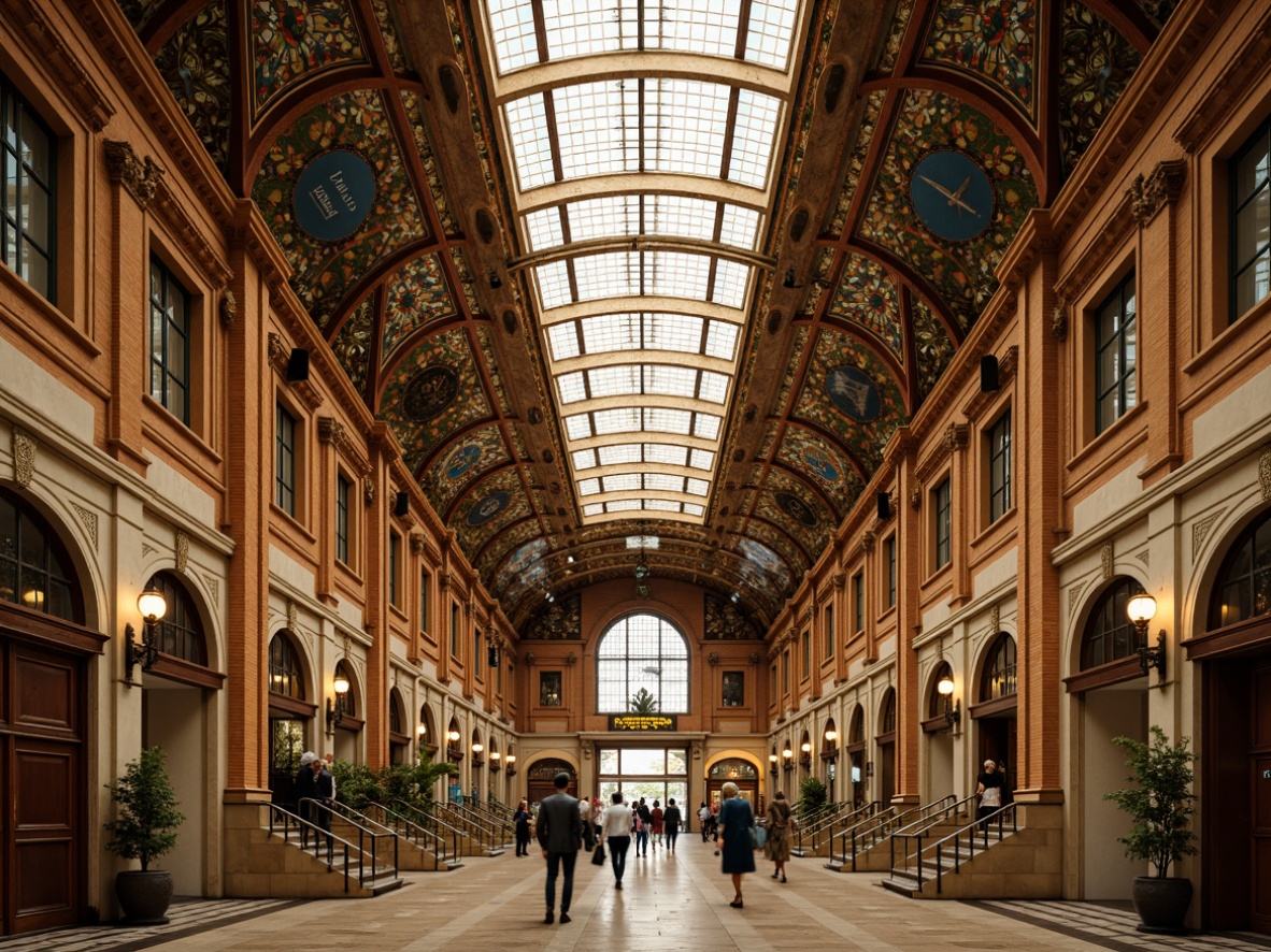 Prompt: Grand metro station, ornate ironwork, flowing curves, organic forms, elegant archways, stained glass ceilings, intricate mosaics, vibrant tile patterns, luxurious materials, marble floors, bronze fixtures, ornamental lamps, sweeping staircases, grand chandeliers, refined typography, subtle color palette, warm golden lighting, shallow depth of field, 1/1 composition, symmetrical framing, realistic textures, ambient occlusion.