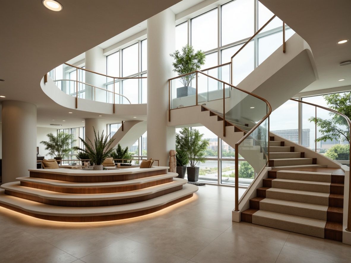 Prompt: Luxurious staircase, sleek balustrades, polished metal handrails, minimalist newel posts, low-profile glass panels, subtle LED lighting, rich wood treads, soft carpeting, spacious landings, curved lines, harmonious proportions, airy open risers, modern architectural details, bright natural light, shallow depth of field, 1/1 composition, realistic reflections, ambient occlusion.