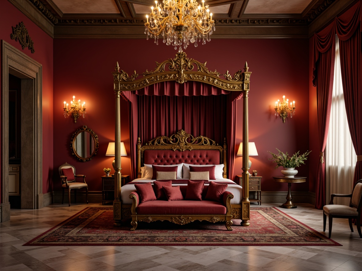 Prompt: Ornate throne chair, intricately carved wooden legs, golden gilded accents, velvet upholstery, tufted pillows, lavish drapery, ornamental mirrors, crystal chandeliers, grandiose marble floors, richly patterned rugs, majestic four-poster beds, heavily draped canopies, regal crimson red walls, soft warm candlelight, 1/1 composition, shallow depth of field, highly detailed textures, ambient occlusion.